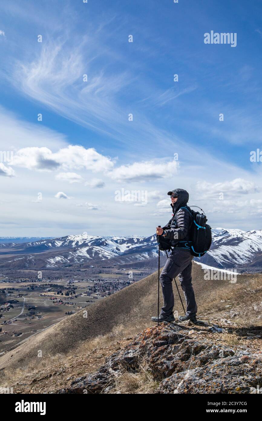USA, Idaho, Bellevue, Senior man hiking in mountains Stock Photo