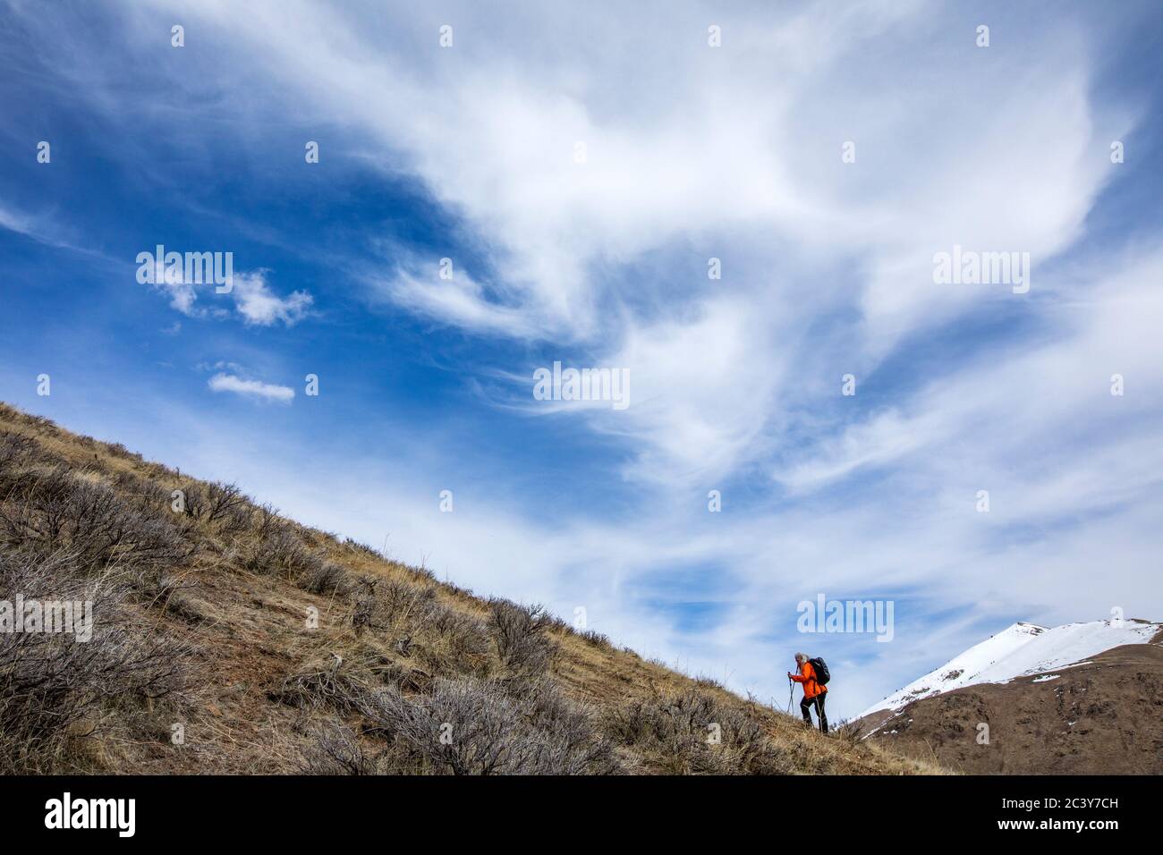 USA, Idaho, Bellevue, Senior woman hiking in mountains Stock Photo