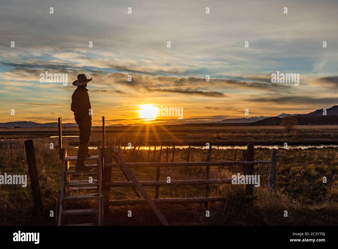 USA, Idaho, Bellevue, Cowboy standing on fence at sunset Stock Photo