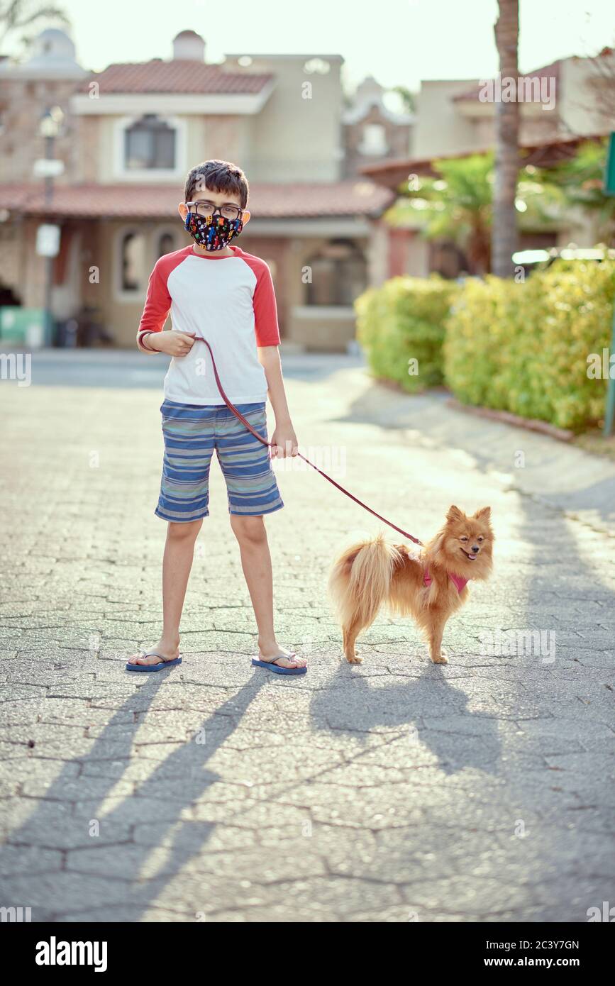 Mexico, Zapopan, Boy with face mask walking dog Stock Photo
