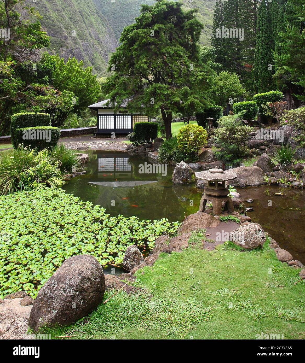 Traditional restful Japanese garden with a teahouse and koi pond. Stock Photo