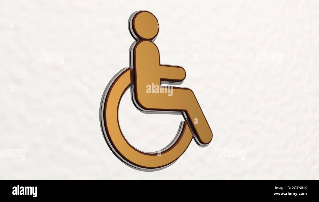 woman assistance: DISABLED SYMBOL OF WHEELCHAIR made by 3D illustration of a shiny metallic sculpture on a wall with light background. sitting and sign Stock Photo