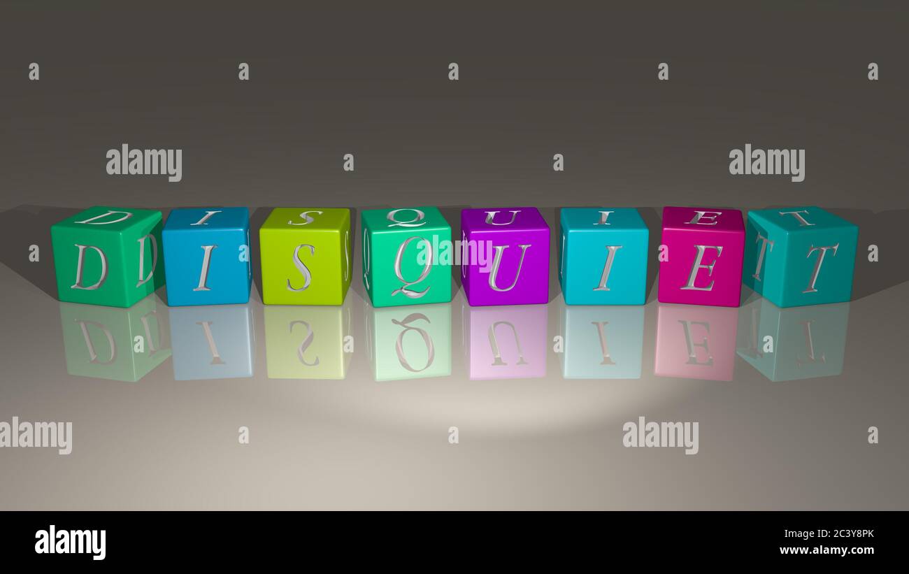 DISQUIET arranged by cubic letters on a mirror floor, ideal for concept meaning and presentations. 3D illustration Stock Photo