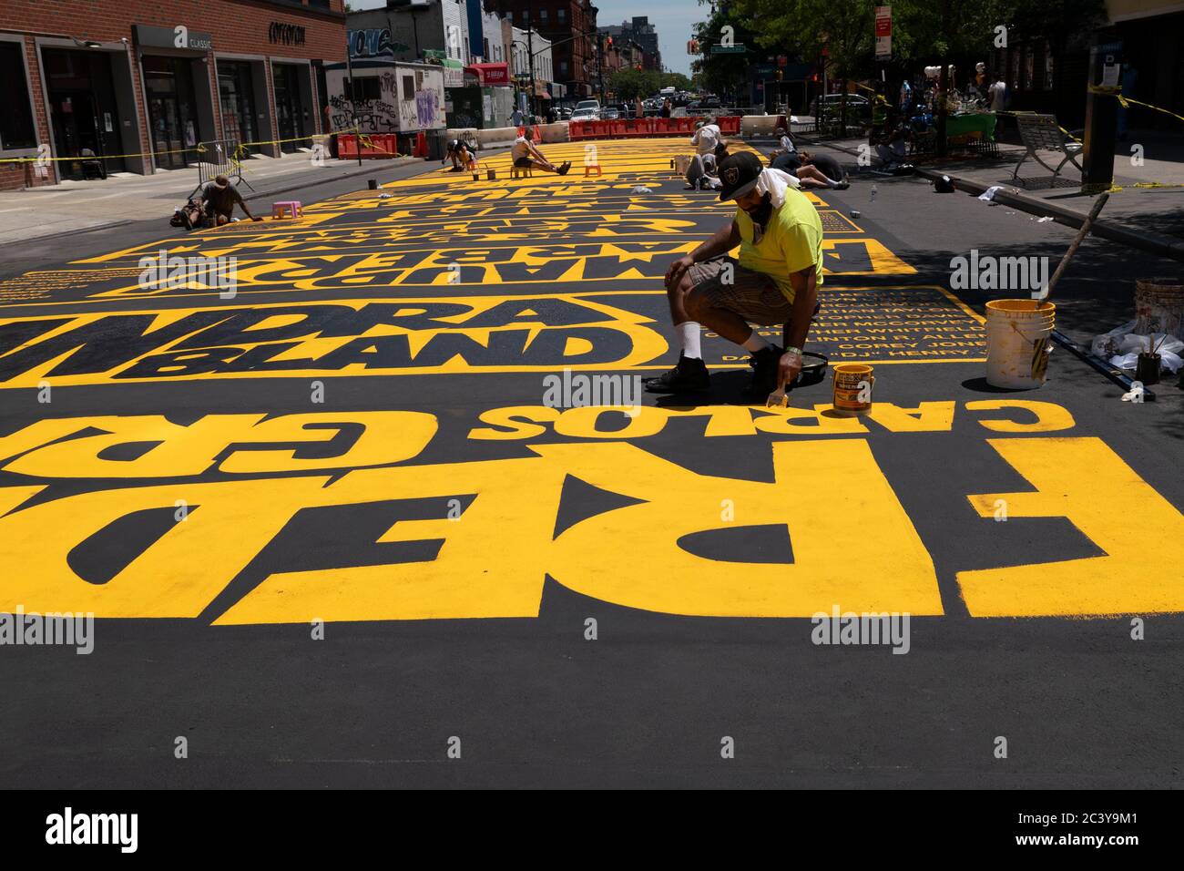 New York, New York, USA. 22nd June, 2020. Inspired by the public art piece in Washington, DC an those happening around the country, more than 20 Brooklyn based artist created New York's first Black Lives Matter street Art Mural in the Bedford-Stuyvesant neighborhood of Brooklyn in New York, New York. The Mural was created for the names of Black people who've been killed by racially-motivated violence in this country from Emmett Till in 1955 to Rayshard Brooks of Atlanta, Ga. The Mural was organized byBillie Holiday Theatre and can be found on Fulton Street between Marcy and Brooklyn Street Stock Photo