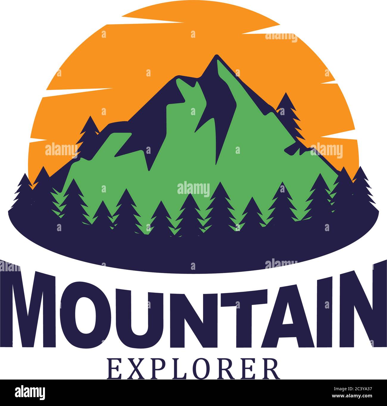 Beauty sunset in the mountain view logo design, mountain explorer logo vector illustration Stock Vector
