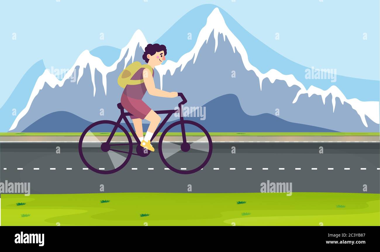 boy is riding bicycle on the road Stock Vector