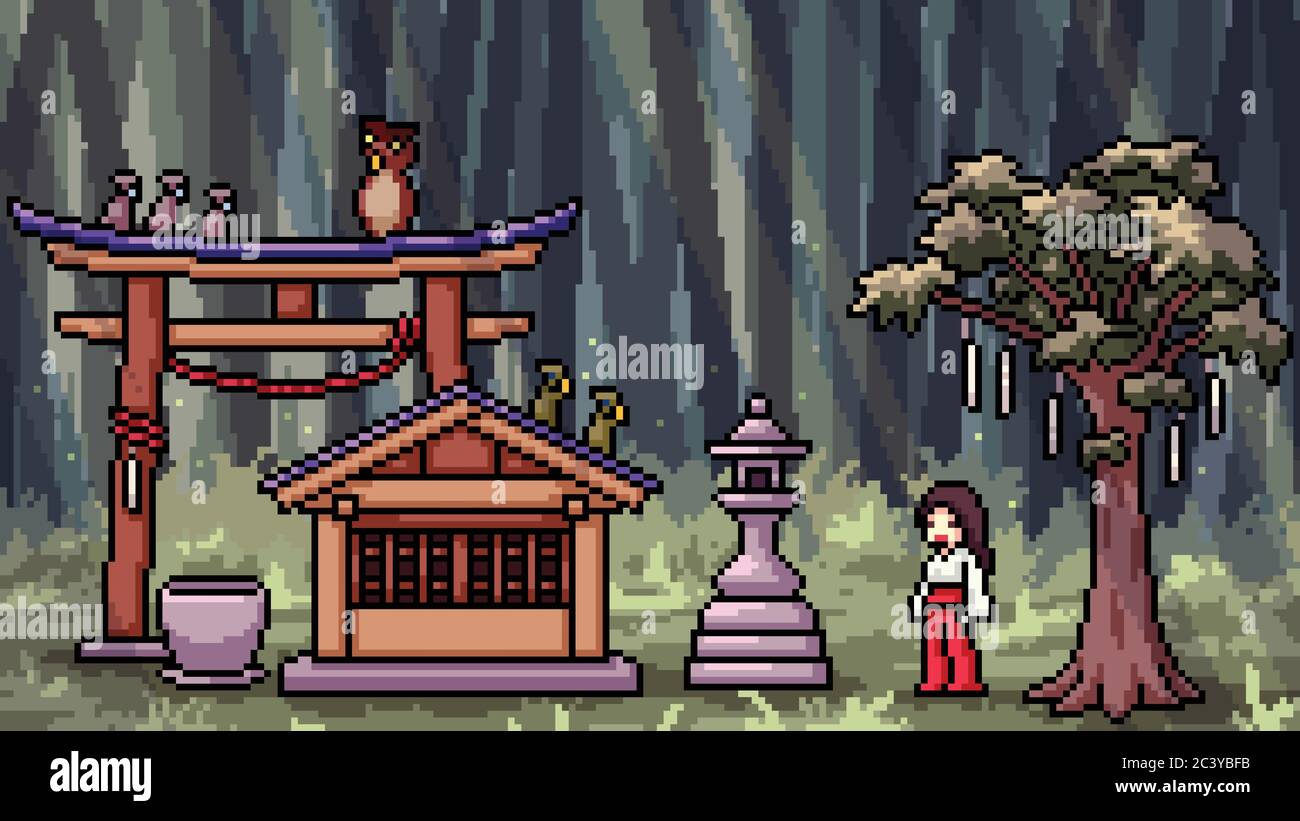 vector pixel art scene forest shrine Stock Vector Image & Art Alamy