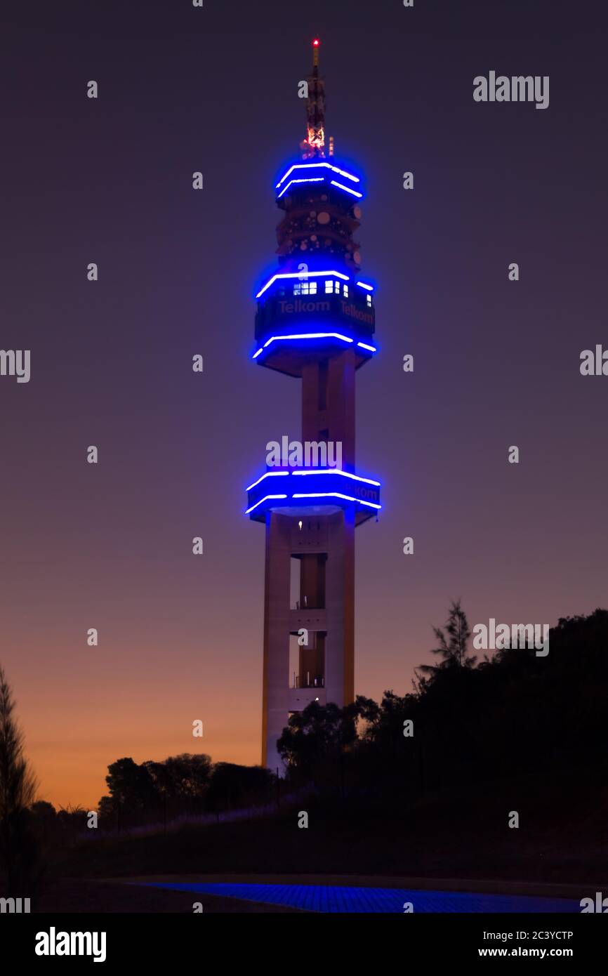 Pretoria (Tshwane), South Africa - April 3rd, 2016. Telkom (Lukasrand) telecommunications landmark tower after sunset. Stock Photo