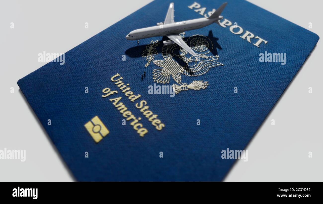 US passport and airplane Stock Photo