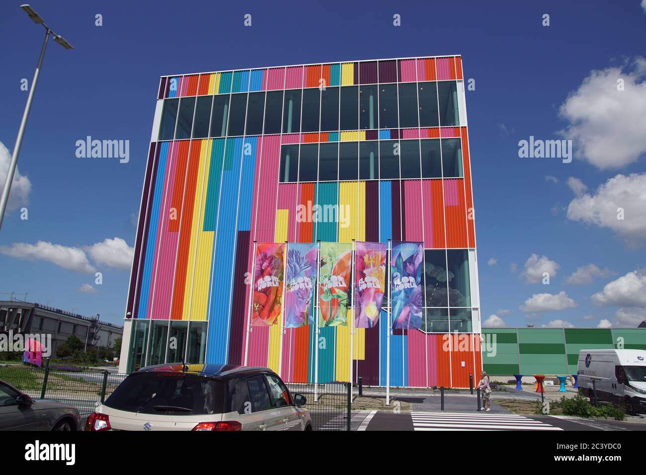 Aalsmeer, Netherlands, June 22, 2020: Building FloriWorld with colours of the bulb fields. Inside: Experience the magic of real and virtual flowers Stock Photo