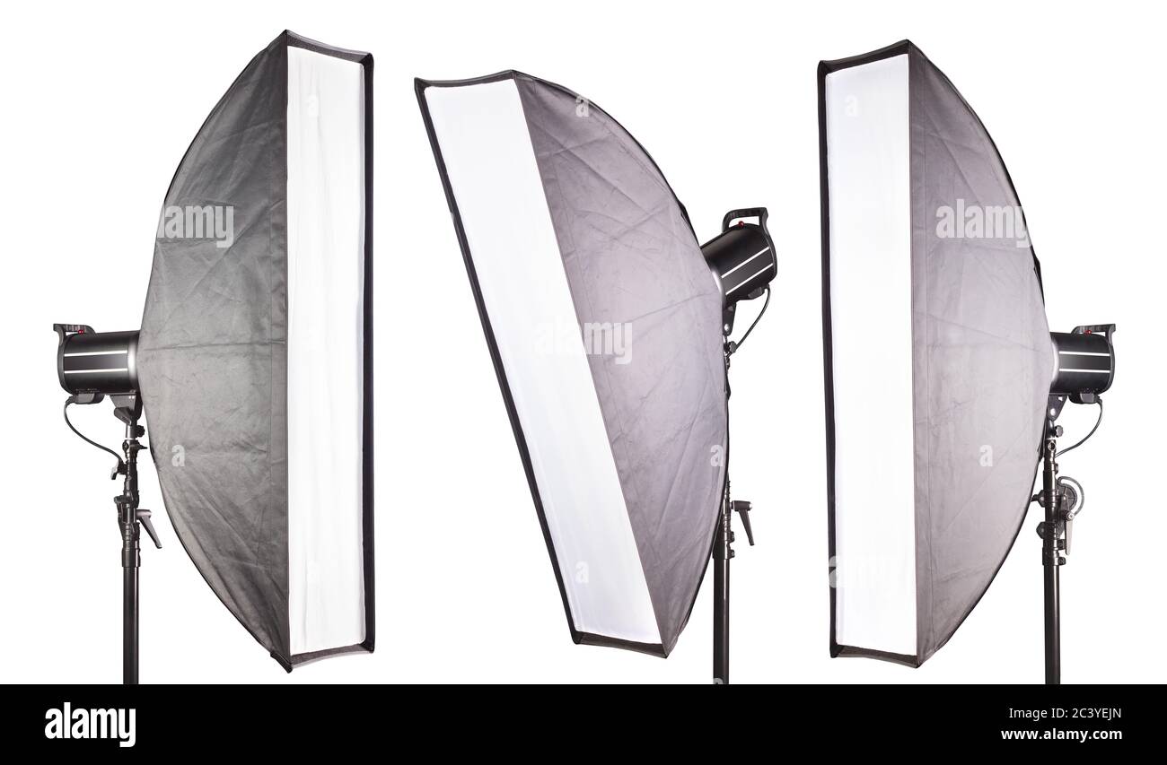 Set of photography studio flash with softbox isolated on white
