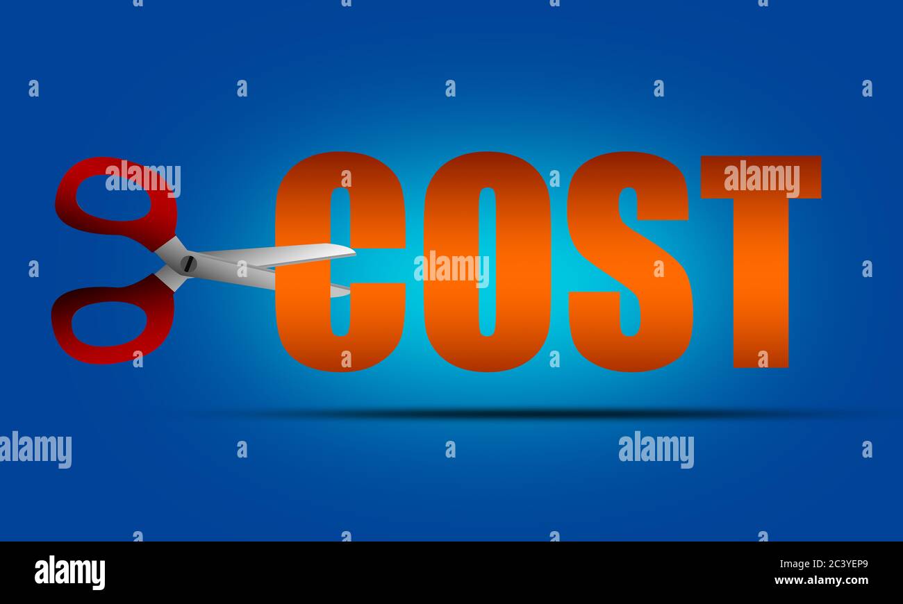 Cost cutting concept with Scissors cutting cost word, 3d rendering