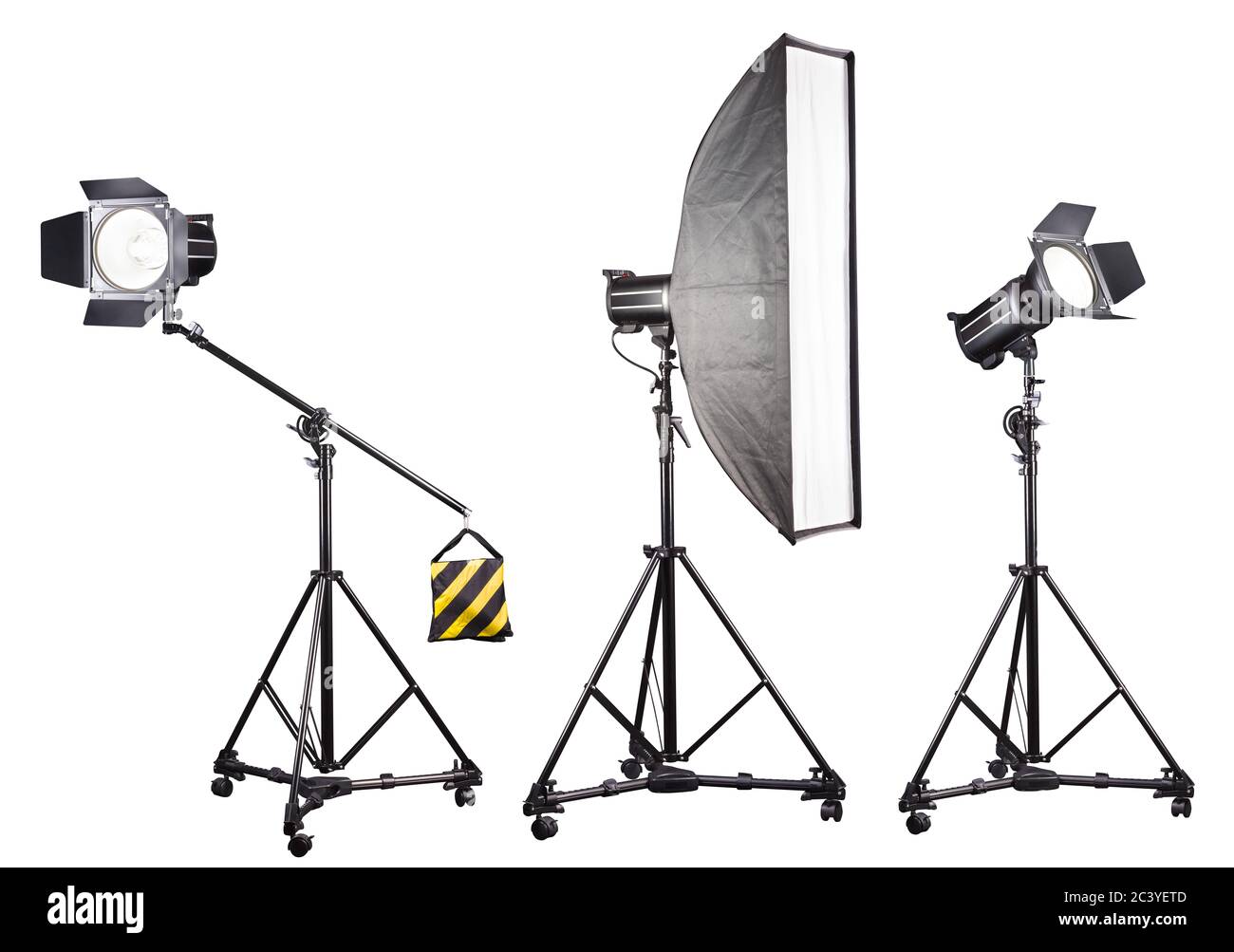 Photo studio lighting stands with flash and softbox isolated on the