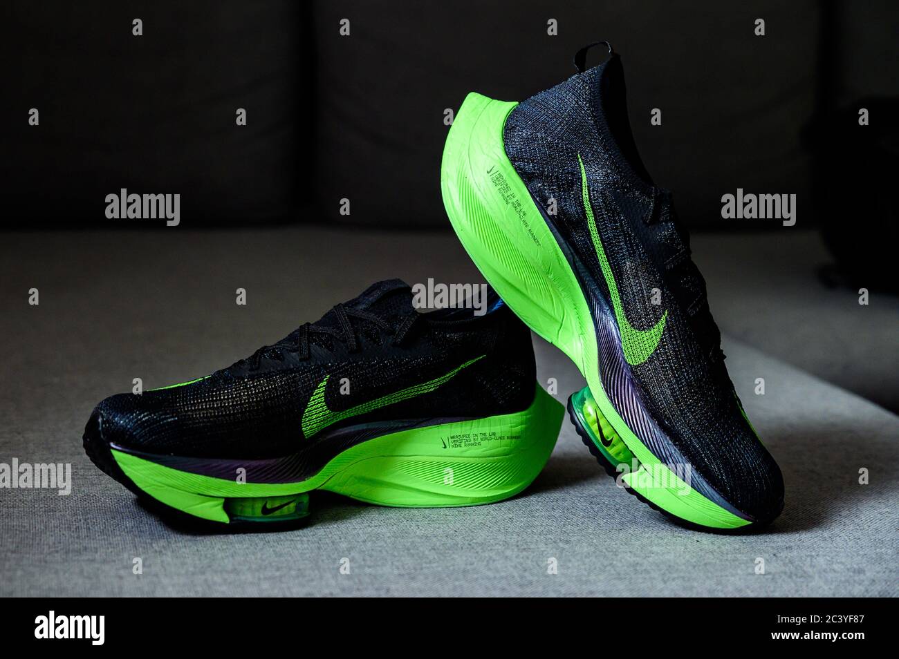 ROME, ITALY, JUNE 23. 2020: Nike running shoes ALPHAFLY NEXT%.  Controversial green, black athletics marathon shoe. Detail on Air Zoomx  foam, Air zoom Stock Photo - Alamy
