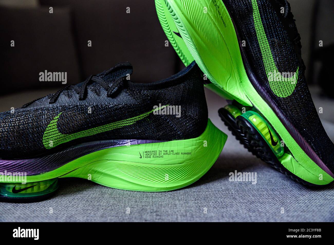 ROME, ITALY, JUNE 23. 2020: Nike running shoes ALPHAFLY NEXT%.  Controversial green, black athletics marathon shoe. Detail on Air Zoomx  foam, Air zoom Stock Photo - Alamy