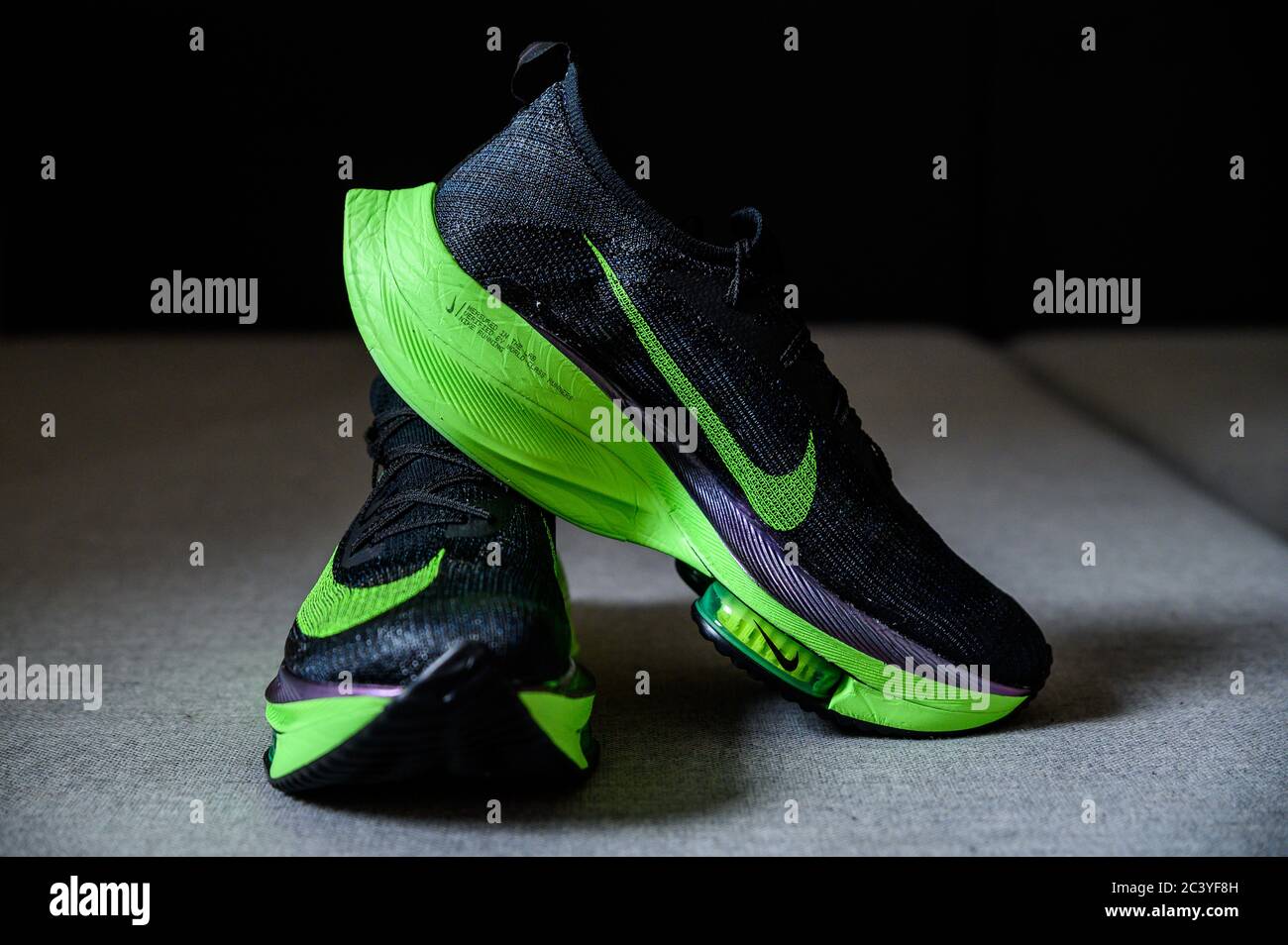 ROME, ITALY, JUNE 23. 2020: Nike running shoes ALPHAFLY NEXT%.  Controversial green, black athletics marathon shoe. Detail on Air Zoomx  foam, Air zoom Stock Photo - Alamy