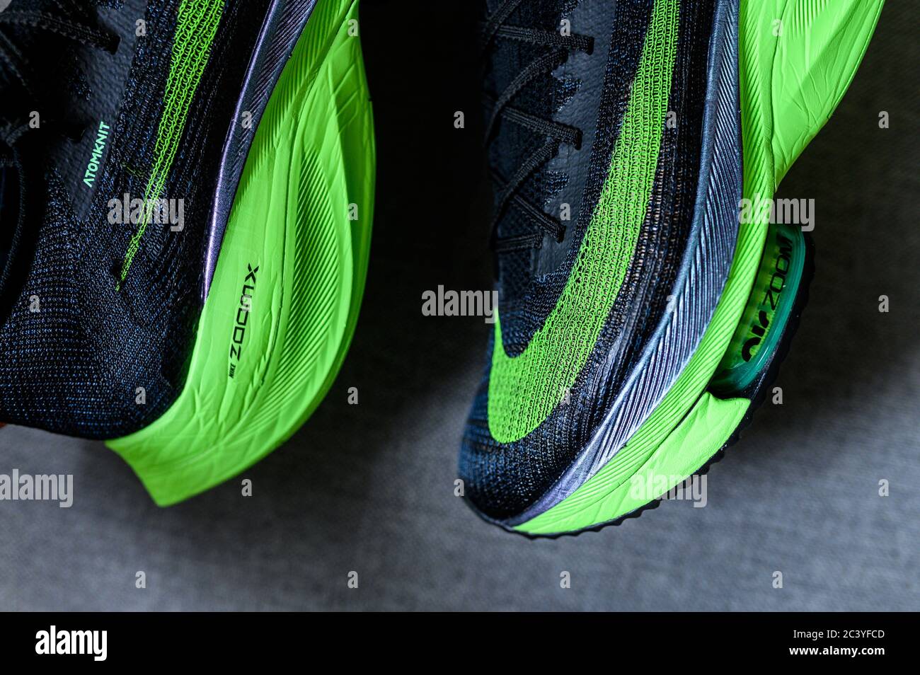 ROME, ITALY, JUNE 23. 2020: Nike running shoes ALPHAFLY NEXT%.  Controversial green, black athletics marathon shoe. Detail on Air Zoomx  foam, Air zoom Stock Photo - Alamy