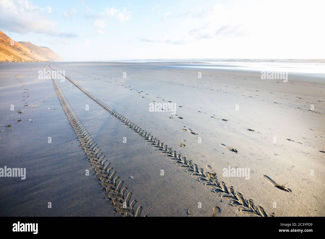 Off road car tyre track on sandy beach, with ocean and blue sky. New Zealand ocean coast Stock Photo