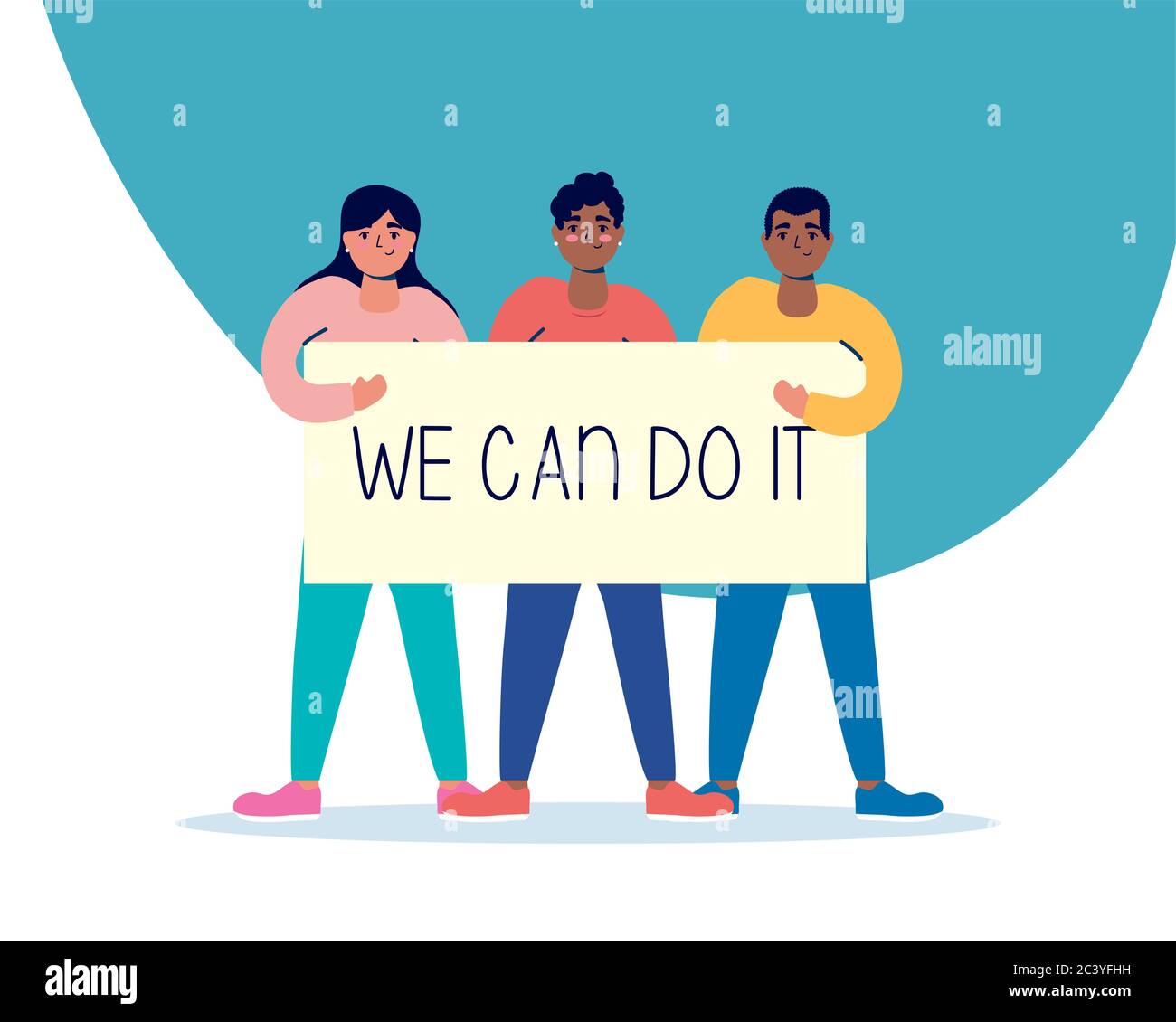 group of people lifting label with we can do it message vector ...