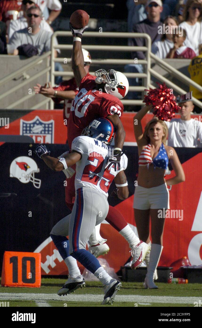 Arizona Cardinals receiver Bryant Johnson (80) is pulled down by