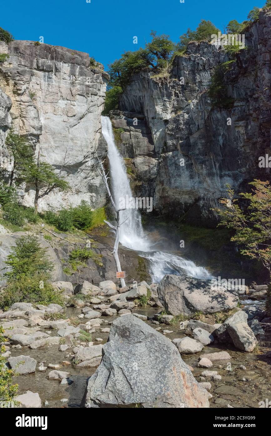 Senda Chorrillo del Salto, gorge, rocks and waterfall, El Chalten, Patagonia, Argentina Stock Photo