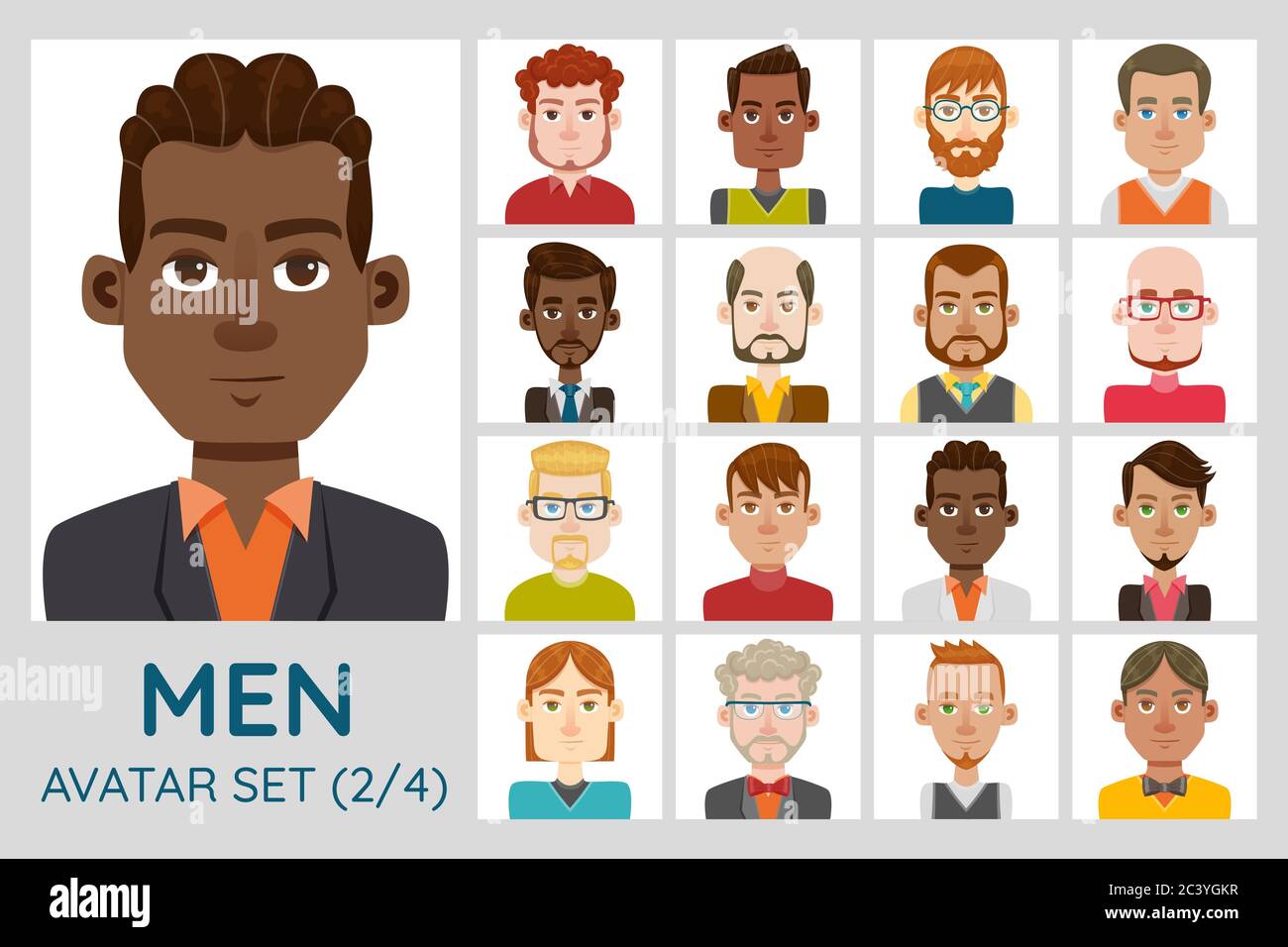 Male avatar set. Collection of 16 avatars with different hairstyles, face shapes, skin color and clothing. Set 2 of 4. Stock Vector