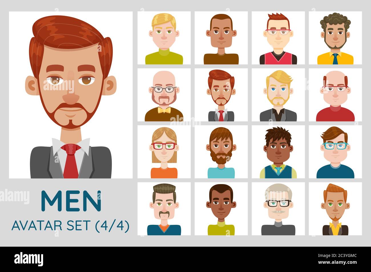 Male avatar set. Collection of 16 avatars with different hairstyles, face shapes, skin color and clothing. Set 4 of 4. Stock Vector