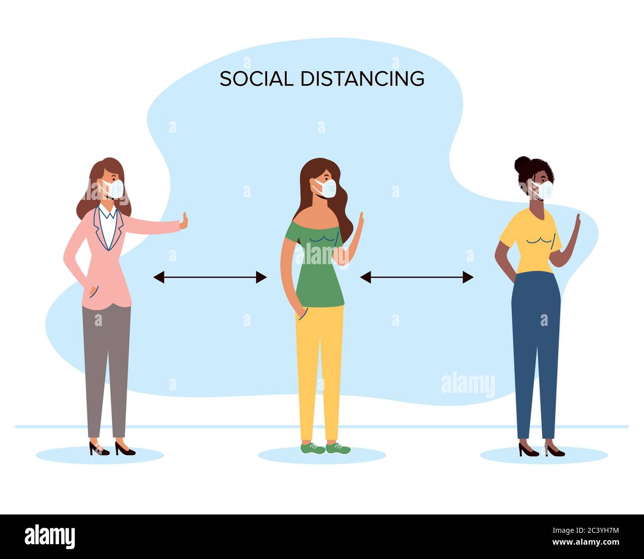 interracial women wearing medical masks and social distancing vector ...