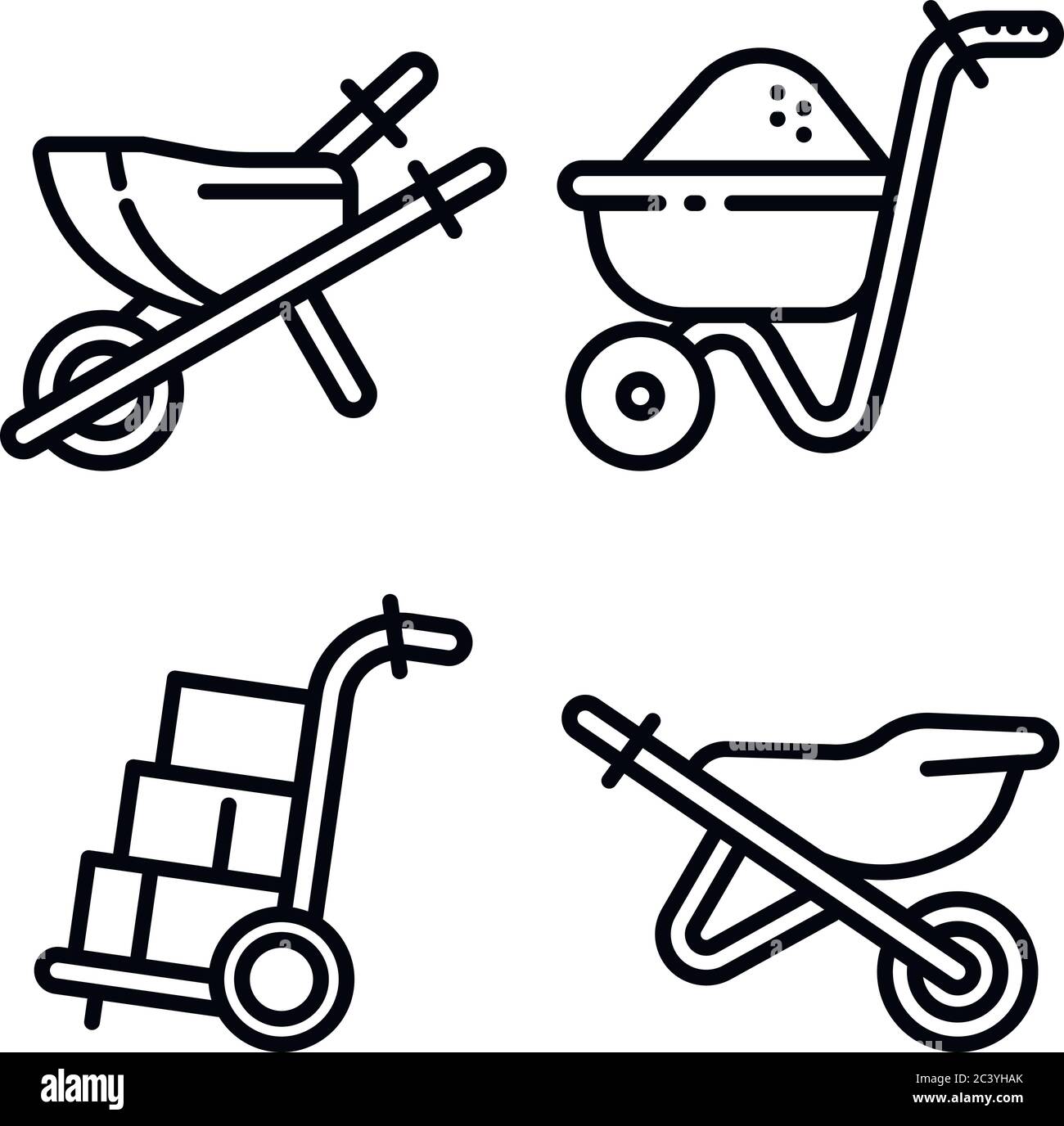 Wheelbarrow icons set. Outline set of wheelbarrow vector icons for web