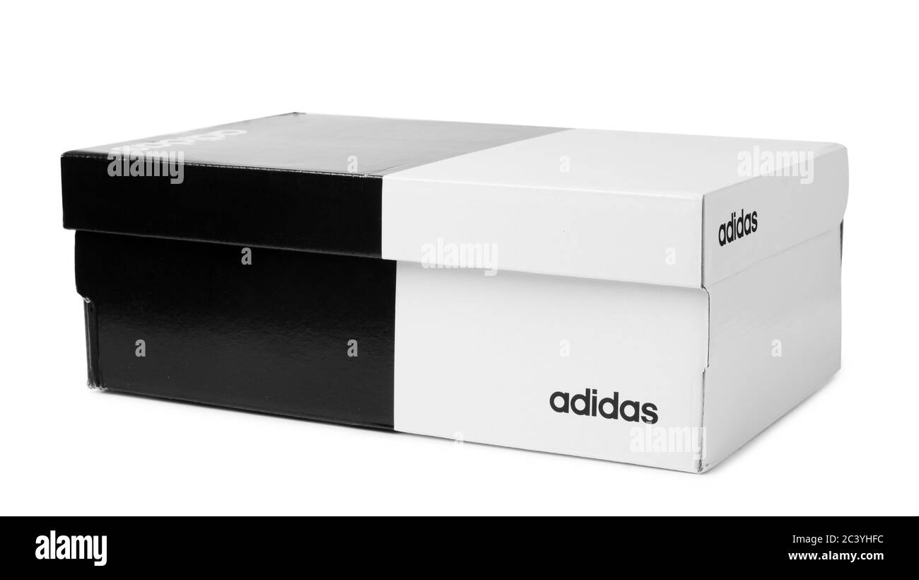 MOSCOW, RUSSIA - MARCH 28, 2020: Adidas shoes box with logo isolated on a white background Stock Photo