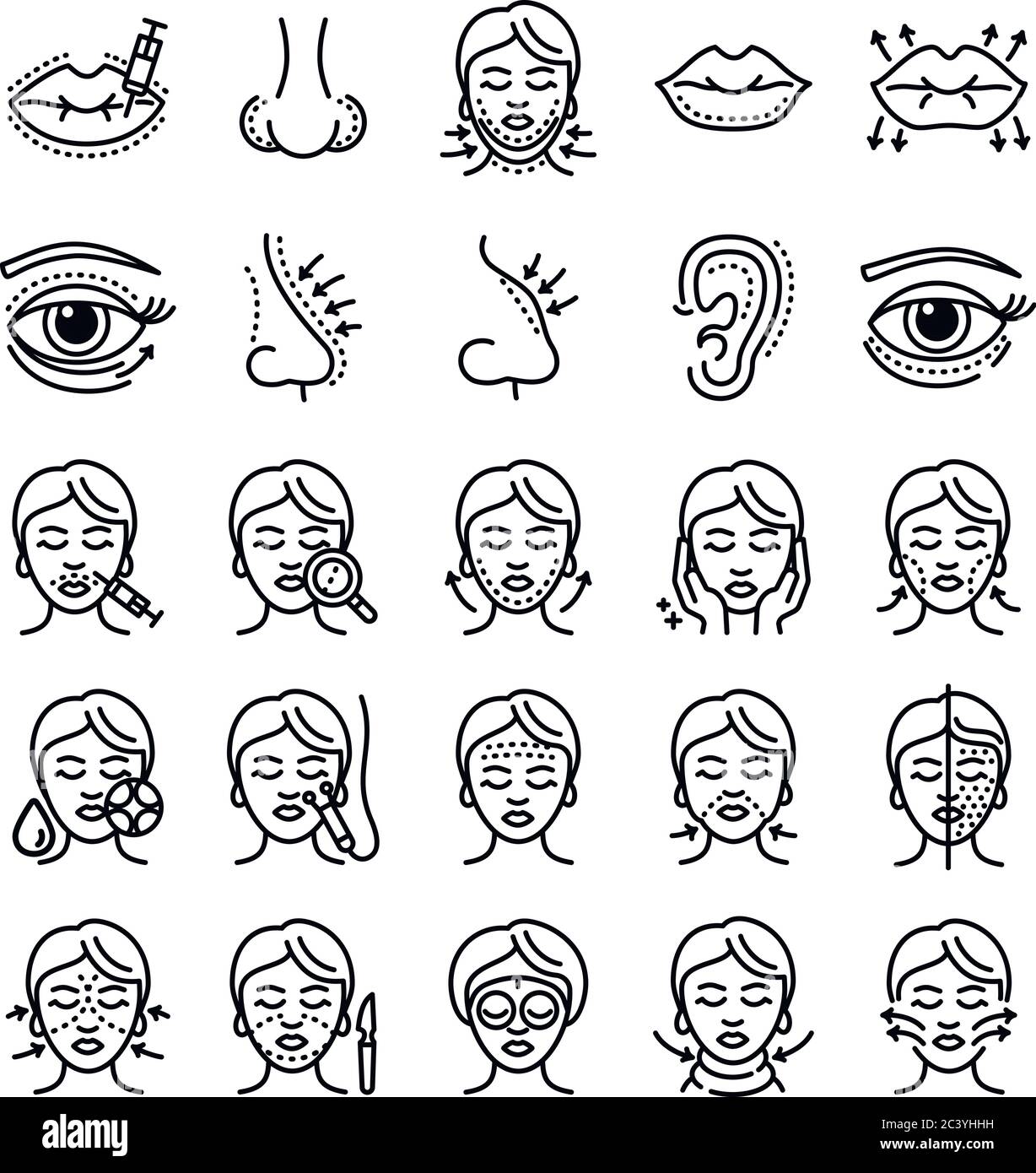 Lifting facial icons set. Outline set of lifting facial vector icons for web design isolated on white background Stock Vector