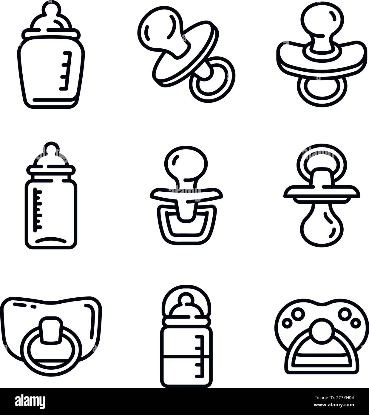 Pacifier icons set. Outline set of pacifier vector icons for web design