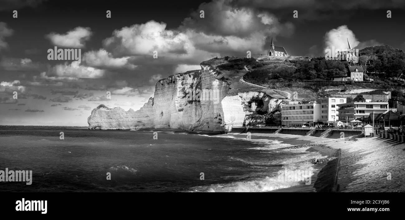 Panoramic Landscape of Etretat, great place in France to visit. Wide angle for a great view, black and white Stock Photo