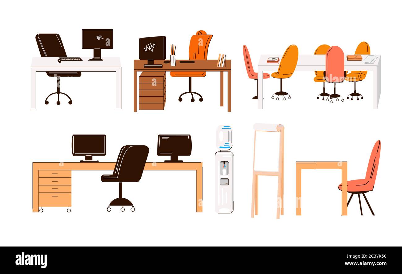 Vector flat collection of office and home work places, work stations - set of Furniture - desk with monitor, table, chair, office water, manager seat Stock Vector