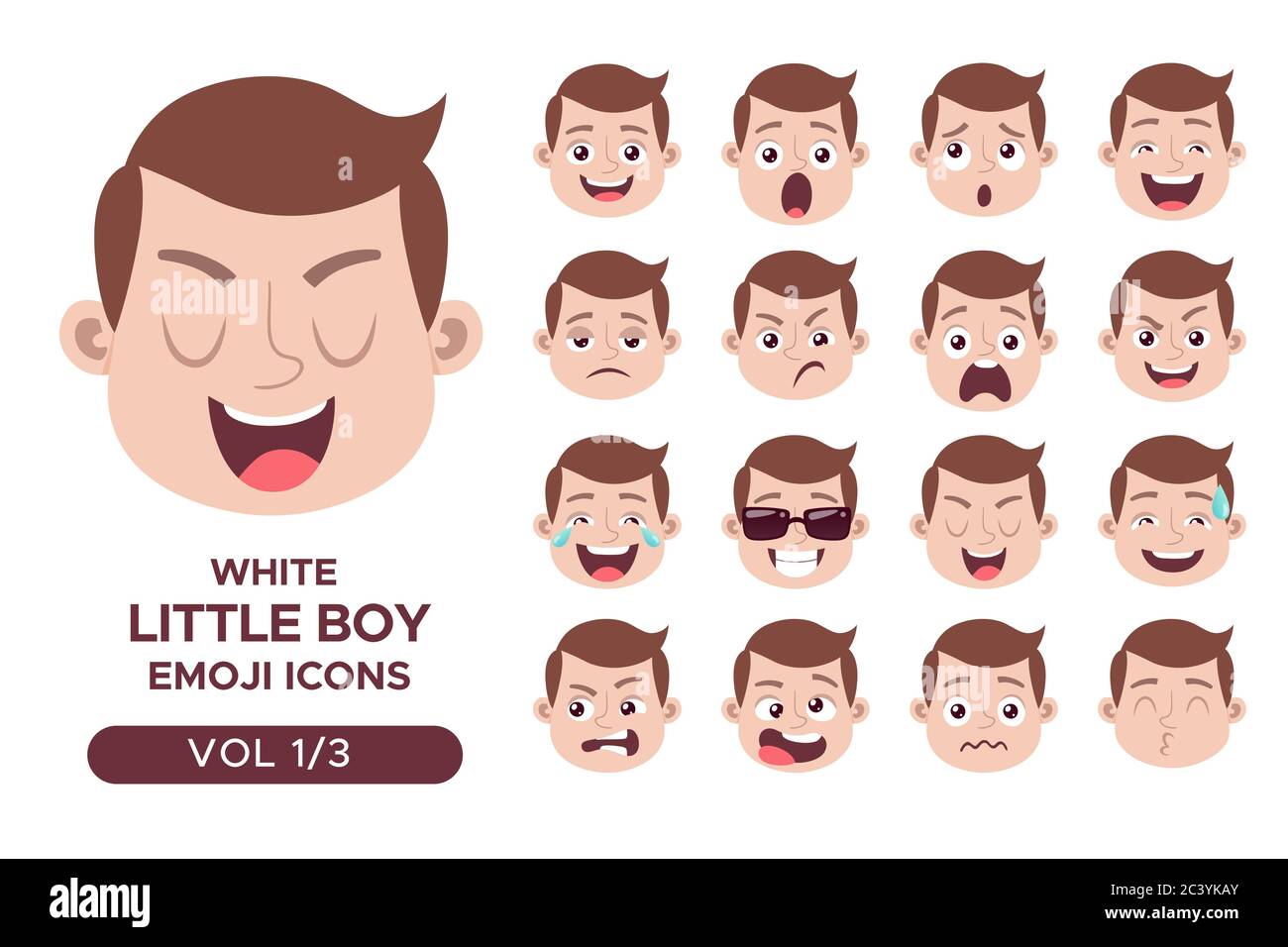 Boy facial emotion avatar set. White little boy emoji character with different expressions. Vector illustration in cartoon style. Set 1 of 3. Stock Vector