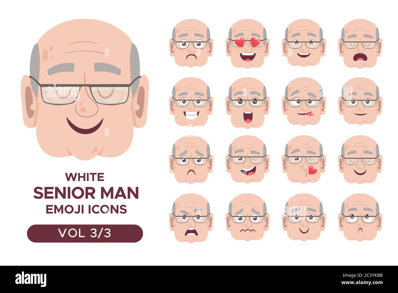 Male facial emotion avatar set. White senior man emoji character with different expressions. Vector illustration in cartoon style. Set 3 of 3. Stock Vector
