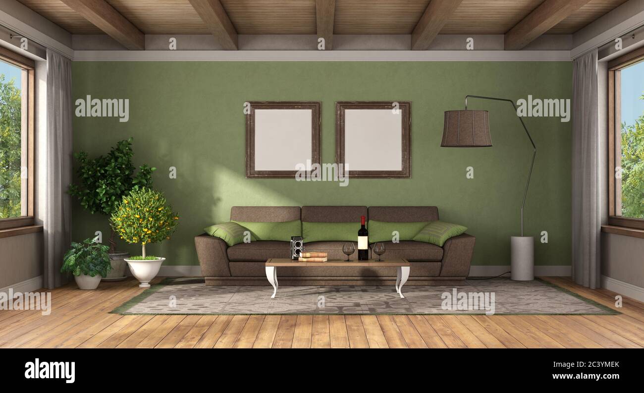 Classic style living room with brown sofa against green wall - 3d rendering  Stock Photo - Alamy