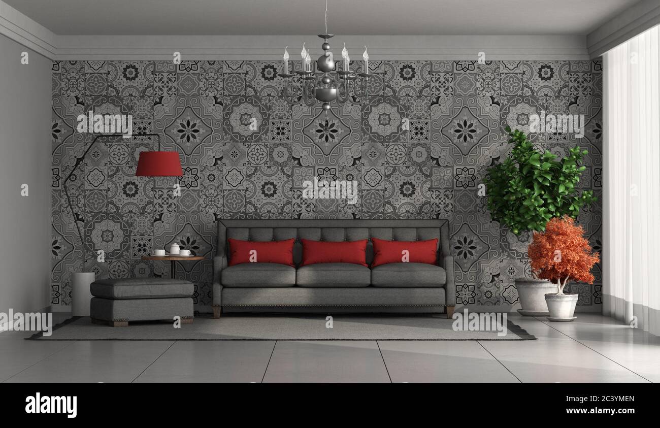 Black sofa in a living room against wall with retro tiles - 3d ...