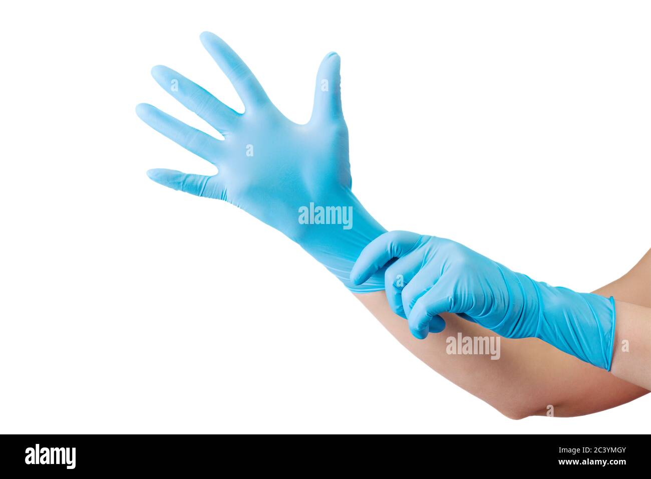 Doctor wearing a medical glove on hands isolated on white Stock Photo