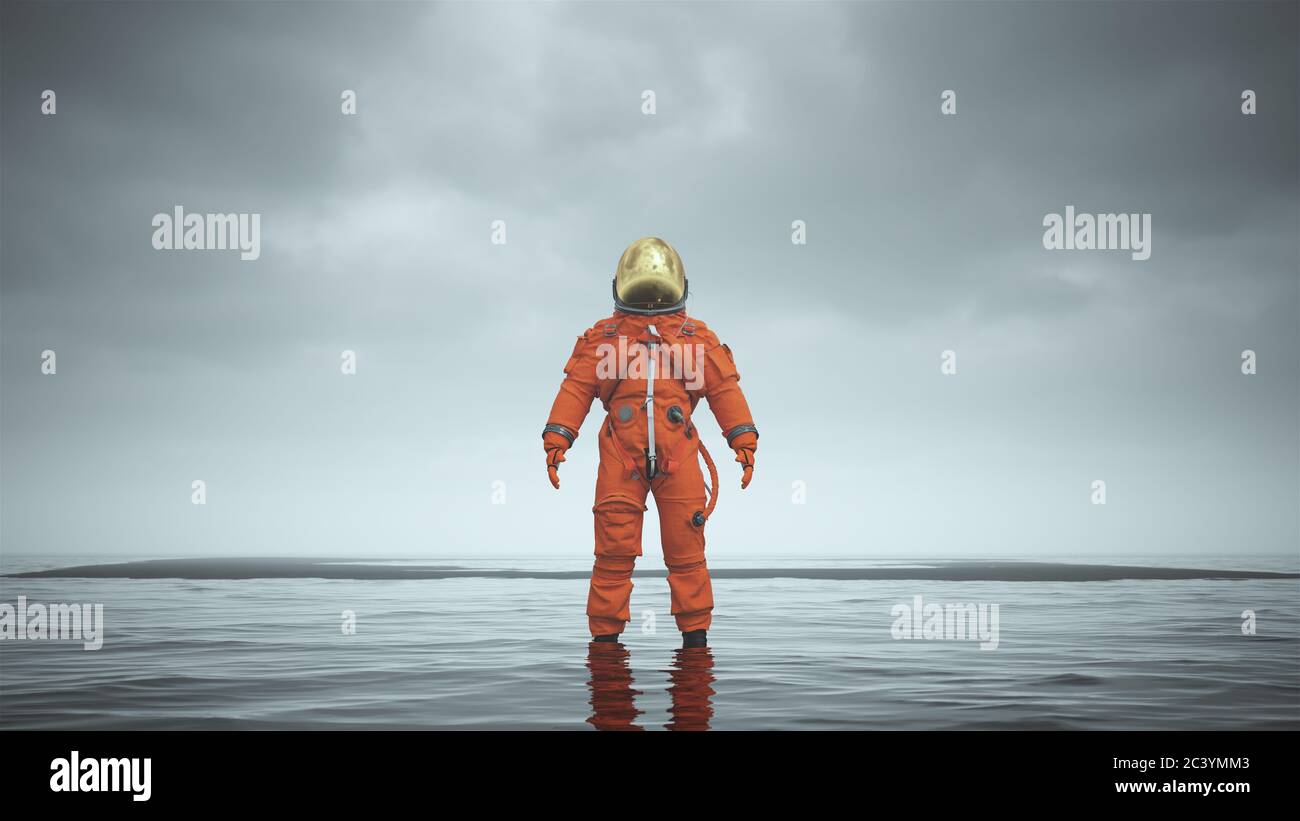 Mysterious Astronaut with Gold Visor Standing in Water with Black Sand 3d illustration 3d render Stock Photo
