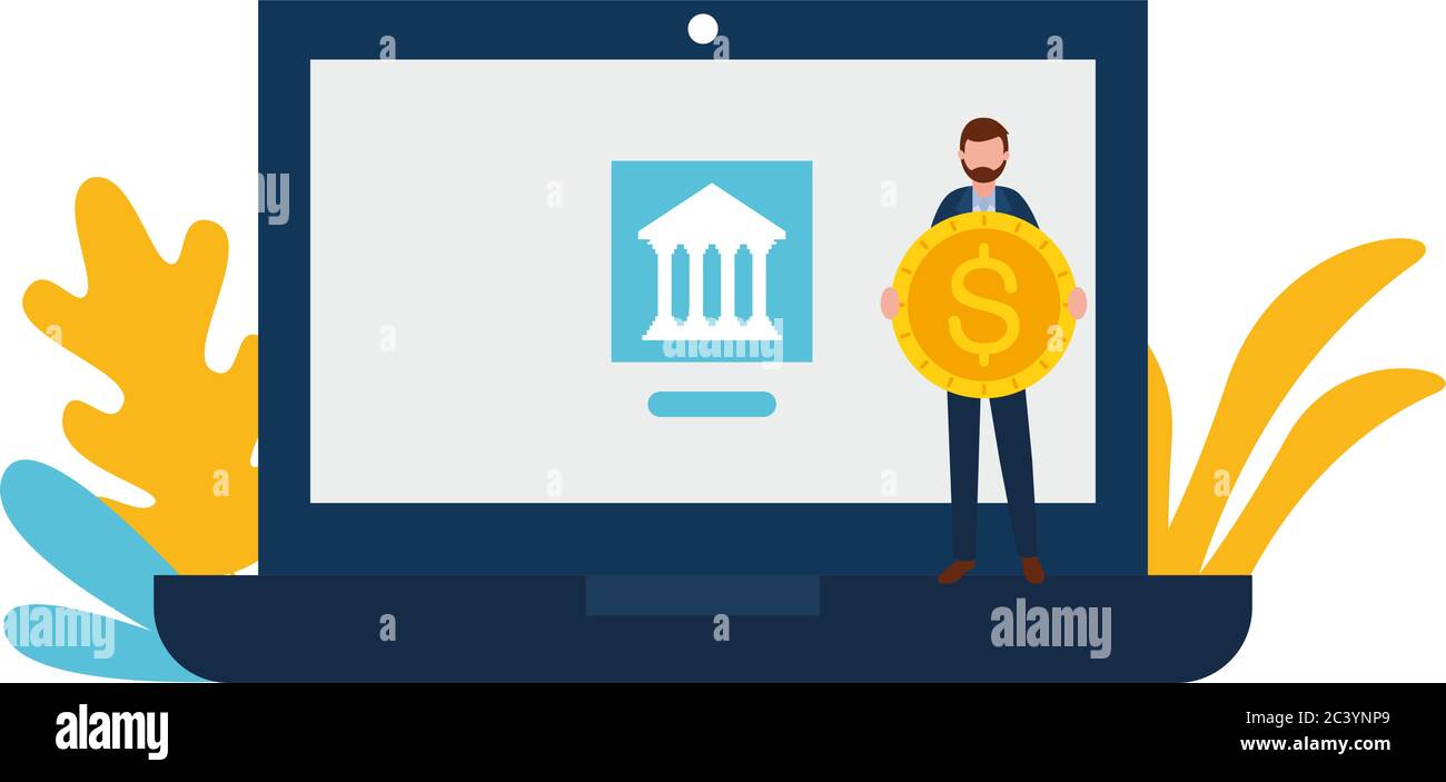 man avatar with laptop bank and coin of Online payments money and ...