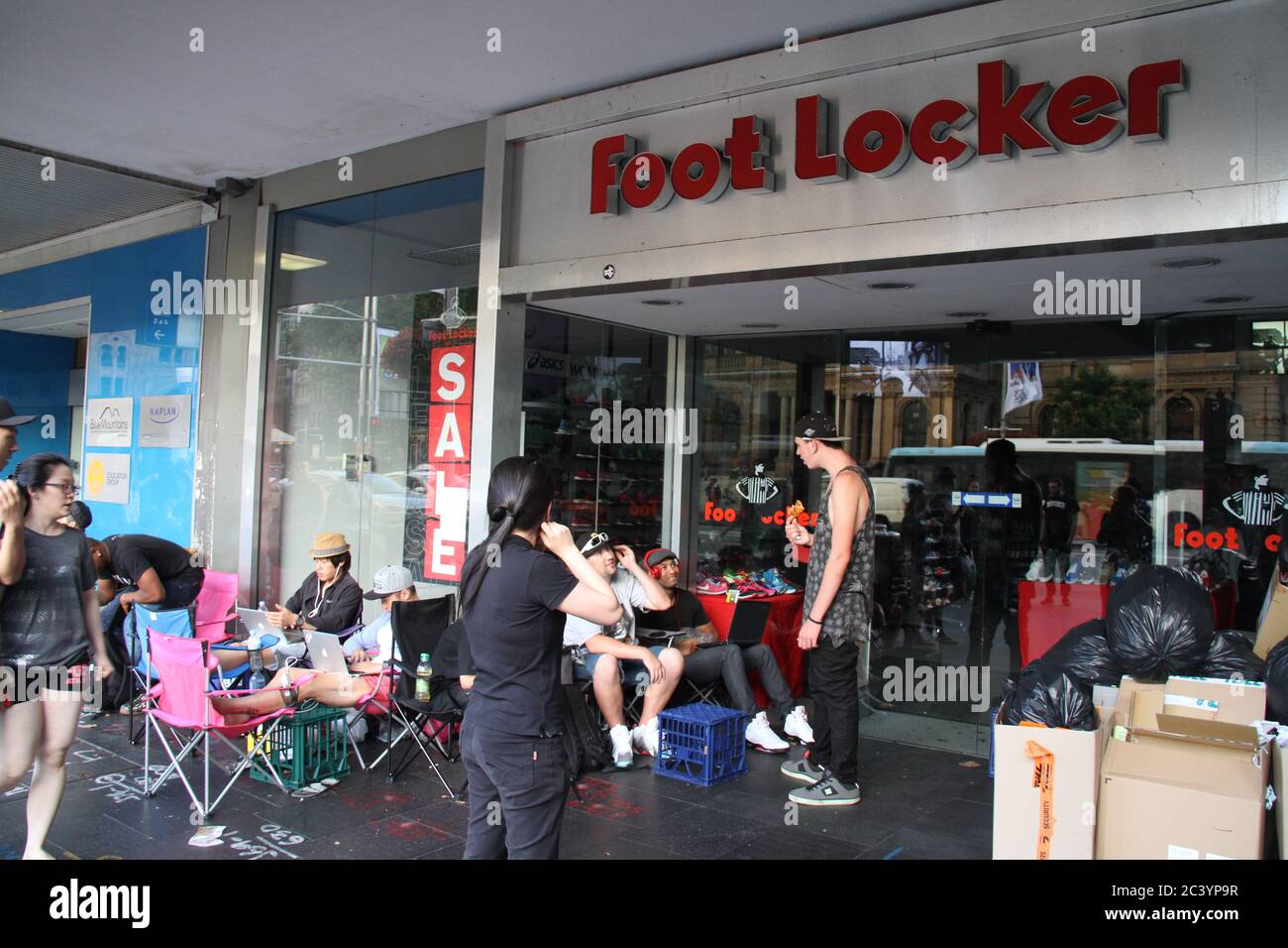 People begin queuing outside Foot Locker on George Street Sydney for the Nike  Air Jordan 3 Lab 5's. Some in the queue wear Air Jordan trainers Stock  Photo - Alamy