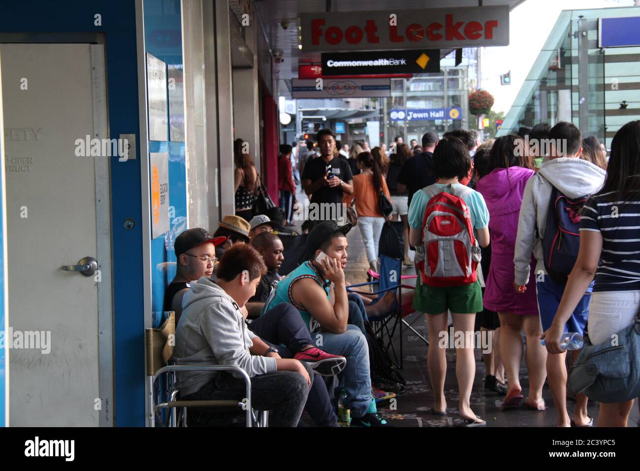 People begin queuing outside Foot Locker on George Street Sydney for the  Nike Air Jordan 3 Lab 5's. Some in the queue wear Ait Jordan trainers Stock  Photo - Alamy