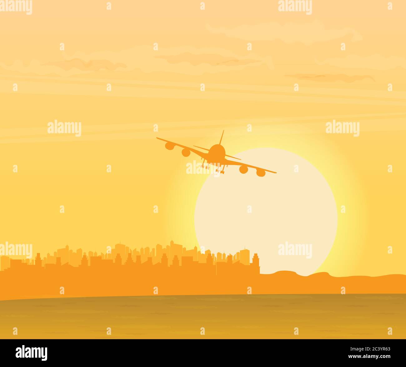 Vector illustration with plane taking off at sunset. Stock Vector