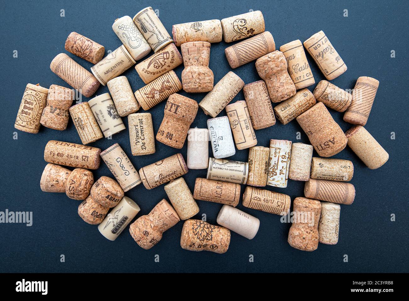BERLIN - JUN 23: Collection of wine corks on black background in Berlin on June 23. 2020 in Germany Stock Photo
