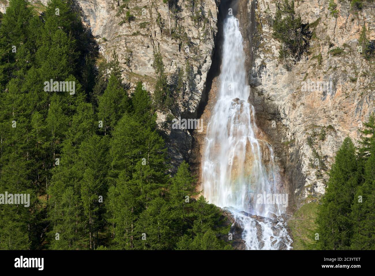 La Pisse waterfall in summer in the Qeyras Regional Natural Park. Ceillac, Hautes-Alpes, Alps, France Stock Photo