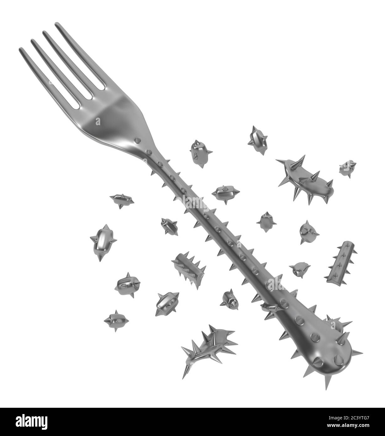 Fork handle covered in sharp spikes among fragments, metaphor 3d
