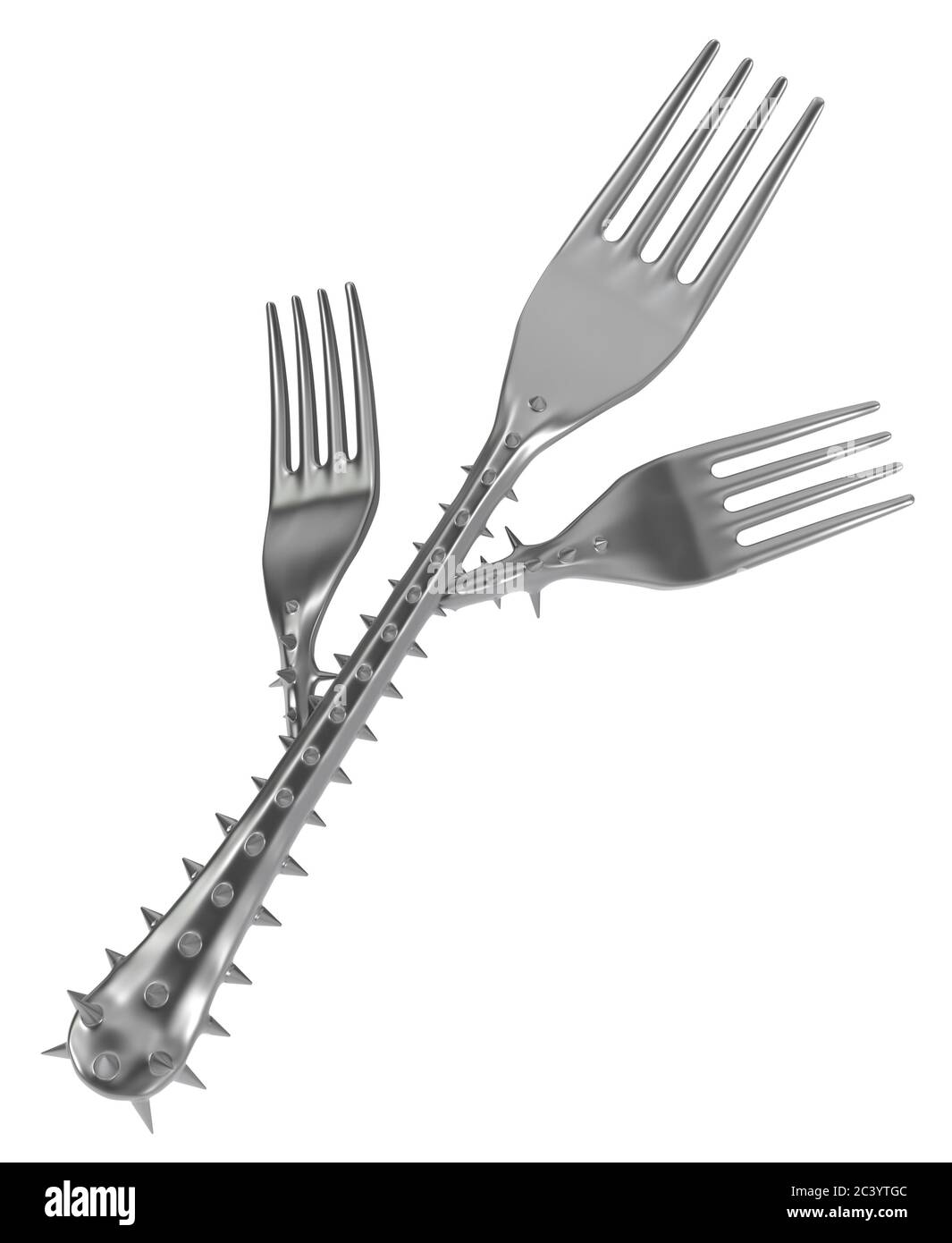 Fork handle covered in sharp spikes two branches, metaphor 3d illustration, horizontal, isolated, over white Stock Photo