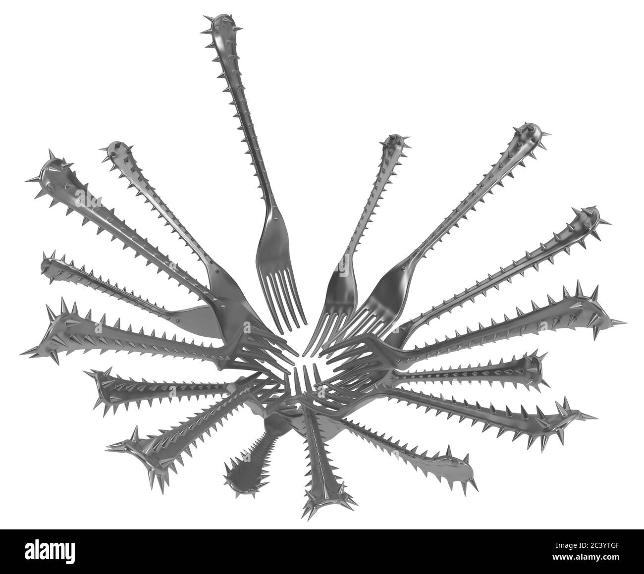 Fork handle covered in sharp spikes gathering in group, metaphor 3d