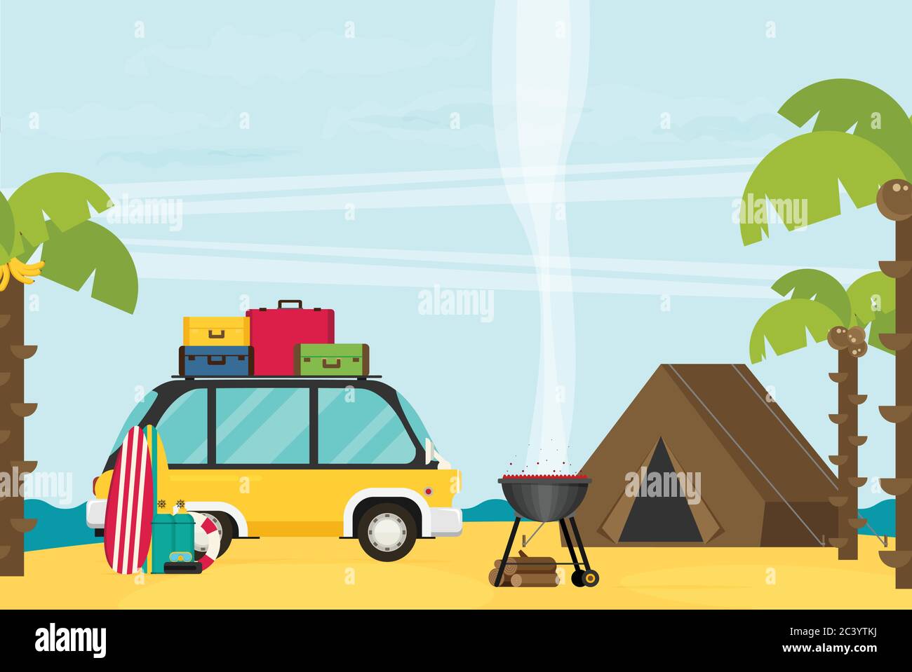 Vector caravan trailer camping in flat style. Stock Vector